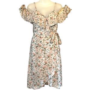 Xhilaration Faux Wrap Ruffle Dress Juniors M Floral Peach Green Boho